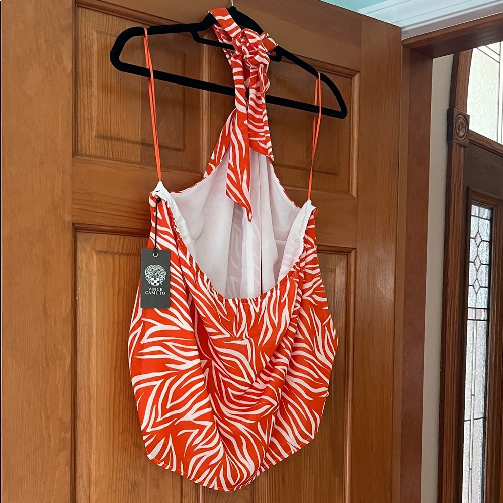 Vince Camuto Orange and White Patterned Halter Top